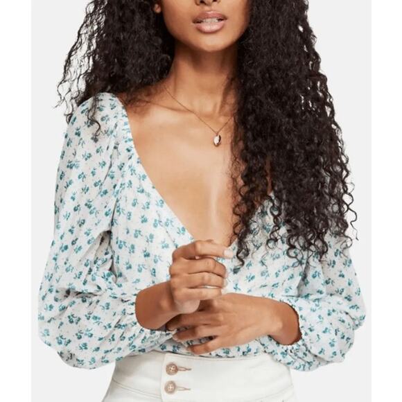 Free People White Floral Lace Cropped Top XS Balloon Sleeve Boho - Picture 3 of 9